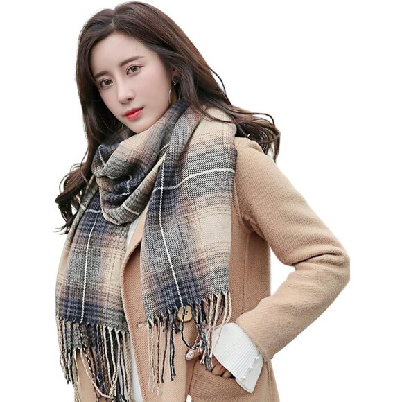 Accessories - Women's Gradient Grey Fashion Long Shawl Big Grid Winter Warm Lattice Scarf